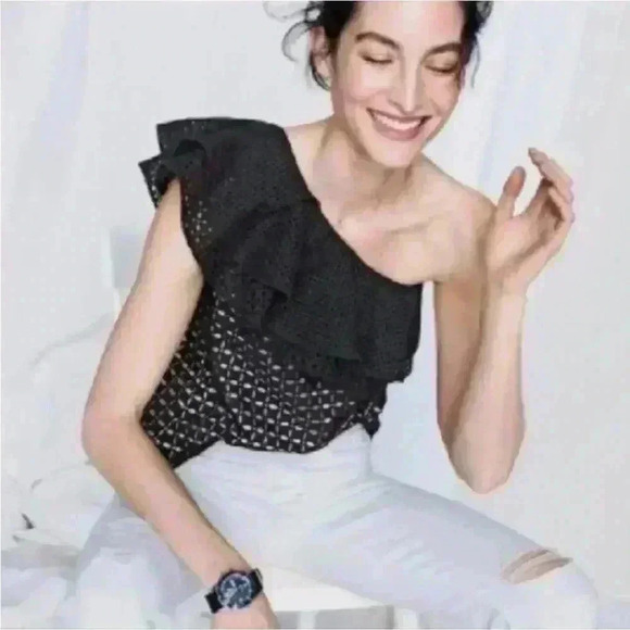 J. Crew Size 0 One Shoulder Eyelet Black Ruffle Top Style - Picture 3 of 10